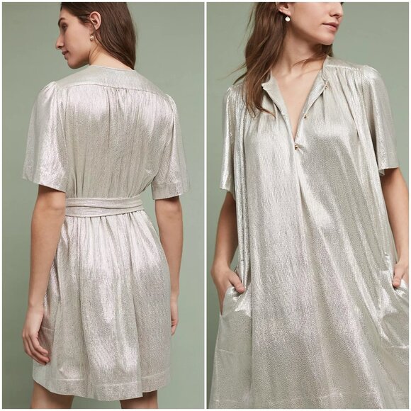 Sabina Musayev Anthropologie Mercury Silver Shirt Dress XS short sleeve metallic - Picture 2 of 12